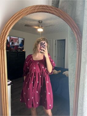 She and Sky Burgundy Mini Dress with White Embroidery